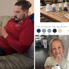 A four-panel collage: a bearded man on a grey couch with a Michelob Ultra can in a white base beside his leg, a screenshot of the Steadi web store showing colour swatches and a set of bases on a patio table, and a young girl in a kitchen holding a white base up to the camera