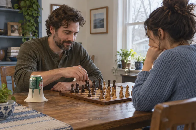 White Steadi beside a two-player chess game. AI lifestyle illustration.