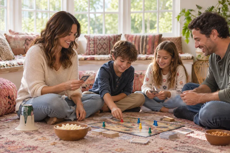 Family playing a board game together on carpet with Steadi nearby. AI lifestyle illustration.