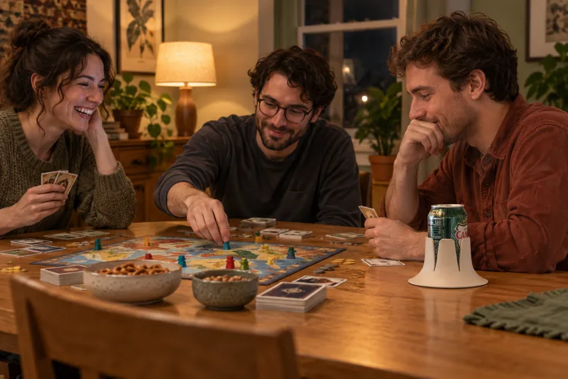 Friends playing a board game with a white Steadi on a clear tabletop. AI lifestyle illustration.