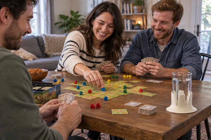 Friends mid-turn in a colorful tabletop board game with open clear water glass in Steadi on table corner within player's reach, outside board and card area. AI illustration.